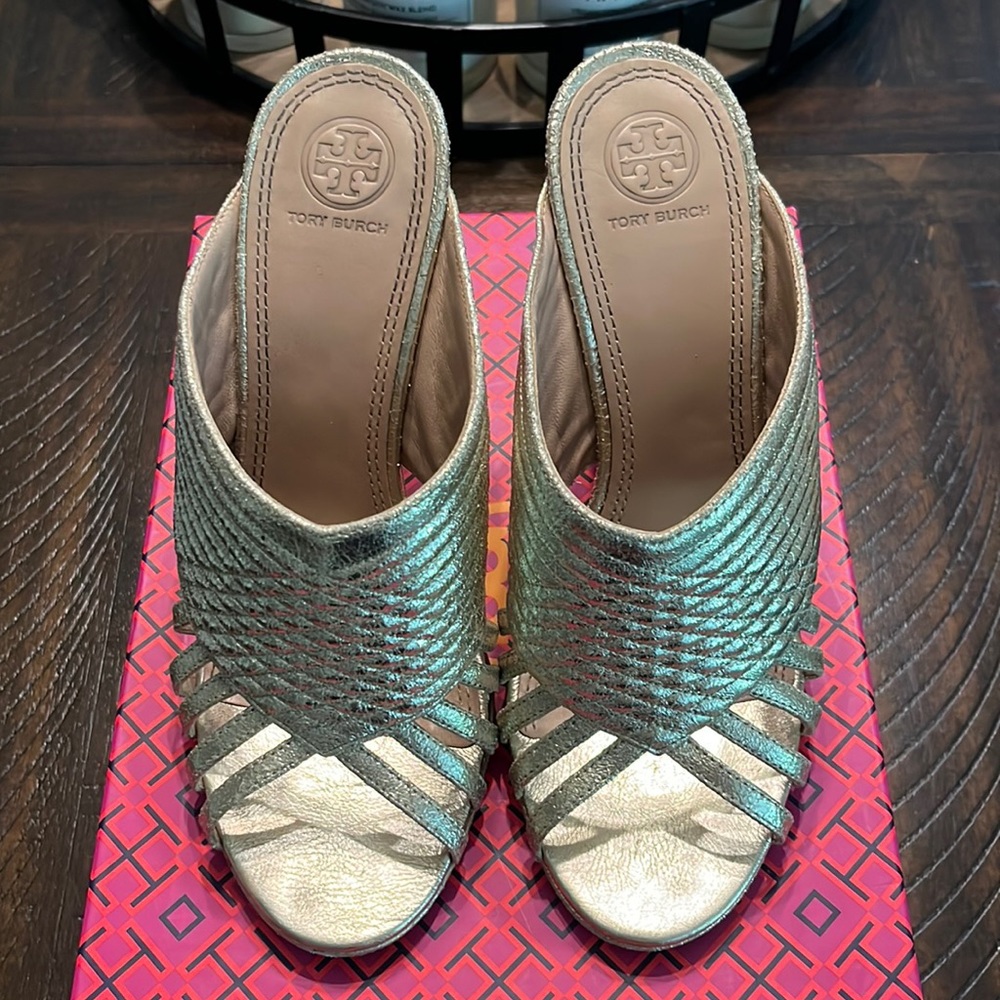 Tory Burch Metallic Gold Woven Mules